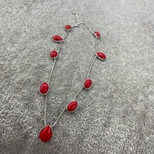 Beautiful Liz Claiborne Necklace In Silver Tone With Red Drops Stones